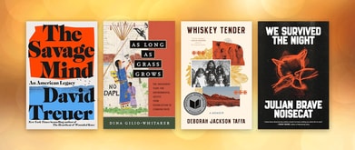 Four book covers set against orange background.