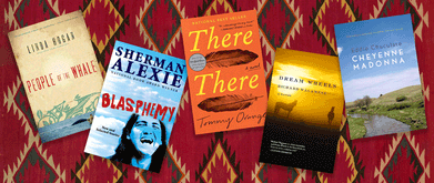 Five book covers against background with Serape and Serrated Diamond Pattern.