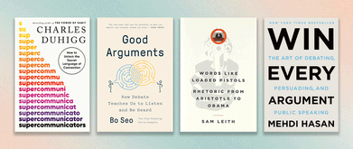 Four book covers set against gradient background.