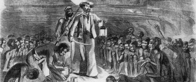 Scene of sailor walking among African captives in the hold of ship.