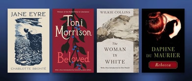 Four book covers set against blue background.