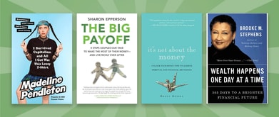 Four wealth management books set against green background.