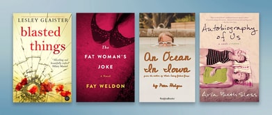 Four book covers set against blue background.
