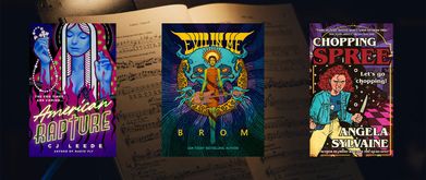 Covers of "American Rapture," "Evil in Me," and "Chopping Spree" against a photo of a music book.