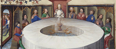 An illustration of King Arthur's knights seeing the Holy Grail.