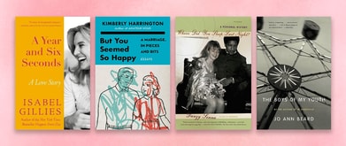Four book covers set against pink background.