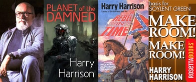 Photo of Harry Harrison next to three of his book covers.