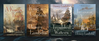 Four of Dewey Lambdin's book covers set against photo of sea.