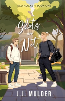 shots on net by jj mulder shows two men with bags looking at one another