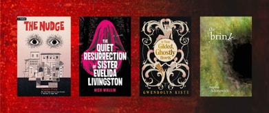 Four book covers over a red and black ombre background.