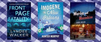 Covers of three books on this list over a blue plaid background.