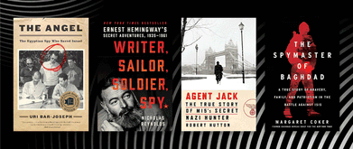 Covers of four spy books set against black and white background.