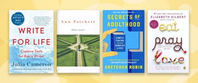 Four book covers set against yellow background.