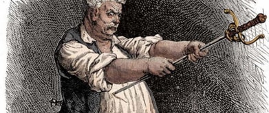A painting of french folk hero and chef Francois Vatel falling on his own sword