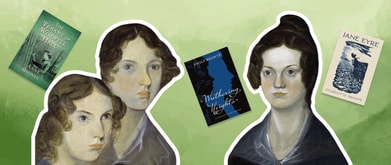 Painting of bronte sisters set against green background with their book covers.