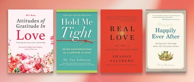 Four inspiring books for couples set against red background.