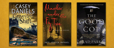 covers of 'Graveyard Shift', 'Murder under the Fig Tree', and 'The Good Cop' over a yellow background. 