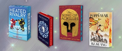 Four book covers against sparkly purple background.