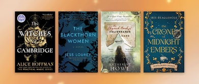 Four book covers set against orange sparkly background.