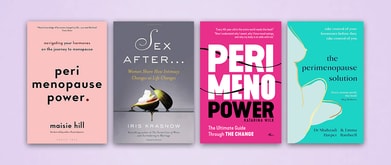 Four book covers set against purple background.