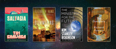 4 book covers on a galaxy background 