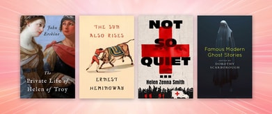 Four book covers set against orange sparkle background.