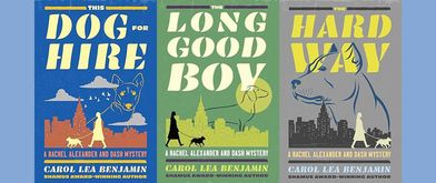 Book covers of "This Dog for Hire," "The Long Good Boy," and "The Hard Way"