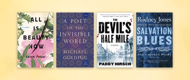 Four book covers set against yellow background.