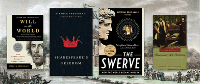 Stephen Greenblatt's books set against background of play house.