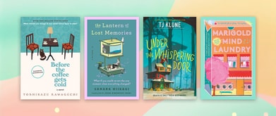 Four book covers set against colorful background.
