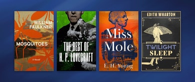 Four book covers set against blue background.