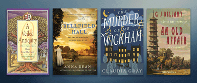 Four books set against blue background.