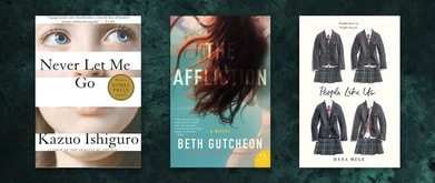 Three boarding school mysteries set against murky blue background.