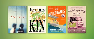 Four book covers set against green background. 