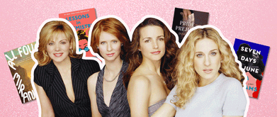 Photo of Carrie, Samantha, Miranda, and Charlotte from 'Sexy and the City' set against pink background.