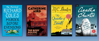 Covers of "Murder Before Evensong" by Richard Coles, "The Body Politic" by Catherine Aird, " The Quiche of Death" by M.C. Beaton, and "The Murder at the Vicarage" by Agatha Christie