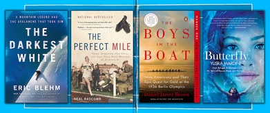 Covers of four books on list over a tennis court background.