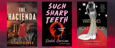 Three book covers over pink/red cloudy background 