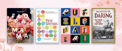 Four book covers set against floral background.