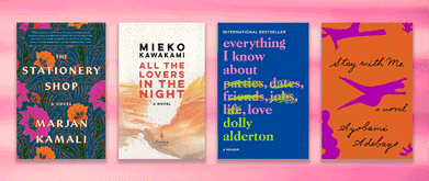 Four books set against pink background.