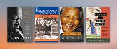 Four book covers set against orange and blue background