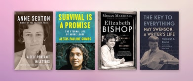 Four book covers set against light pink and purple background.