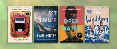 Four book covers set against green background.