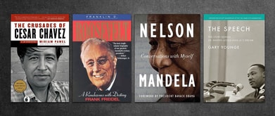 Four book covers from article over chalkboard background