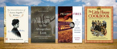 Covers of books set against prairie background.