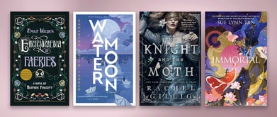 Four romantasy covers set against purple background.