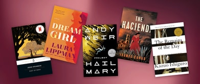 Five book covers set against purple background.