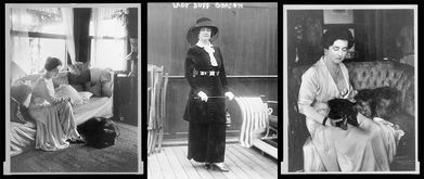 Three photos of Lucy Duff-Gordon, two with her dog included