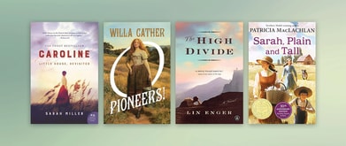 Four book covers set against sage green background.