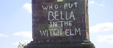 Graffiti reading "WHO PUT BELLA IN THE WITCH ELM"